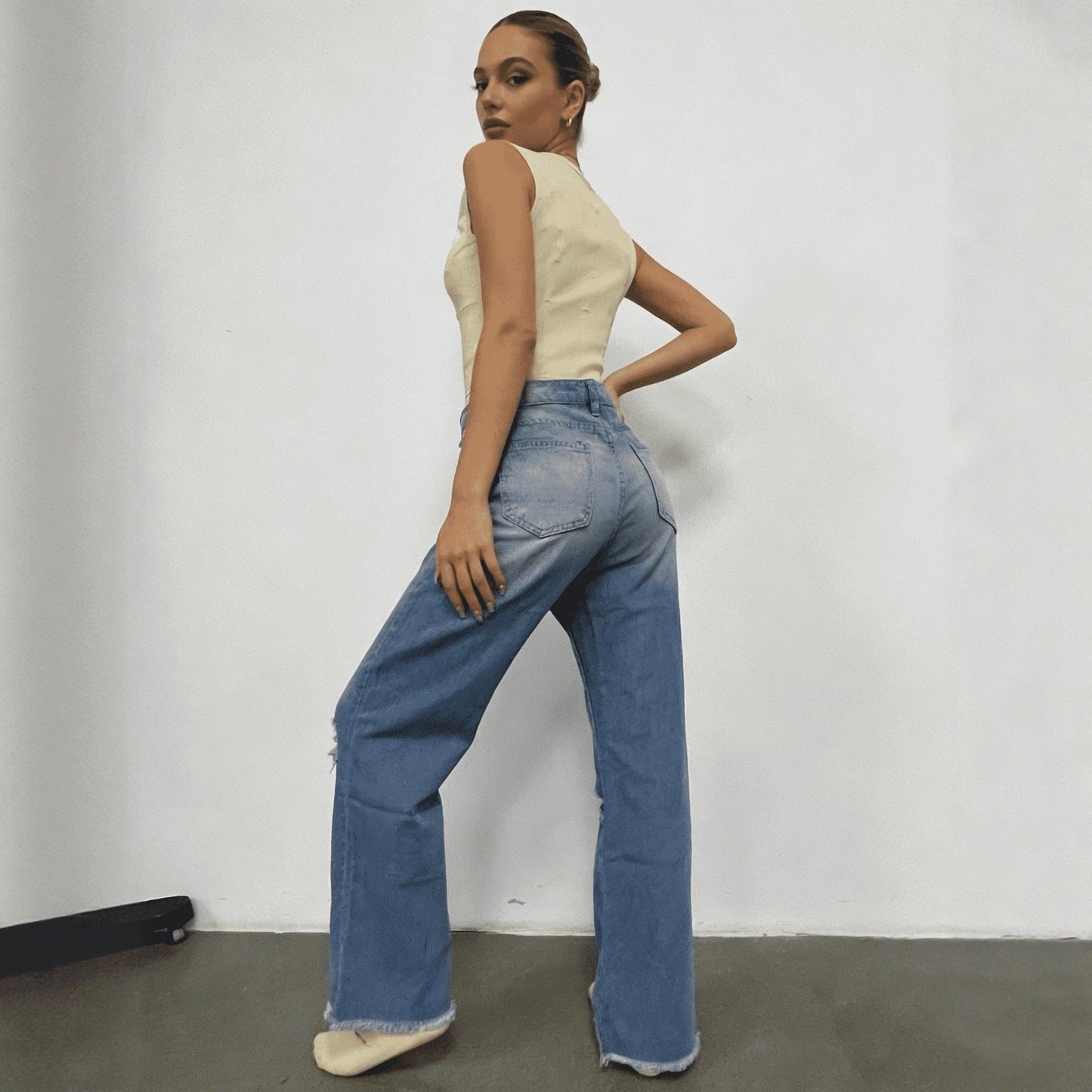 Damen High-Waist Jeans Ripped Distressed