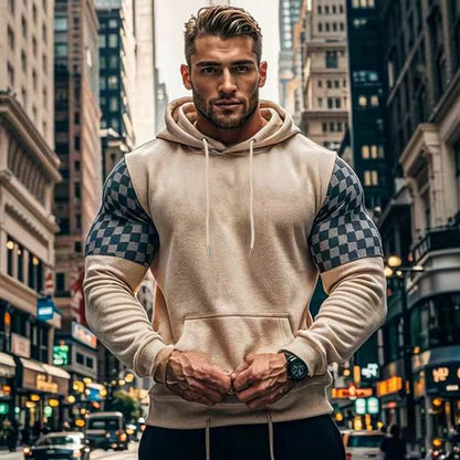 Herren Hoodie Kariert Mit Kängurutasche Grau