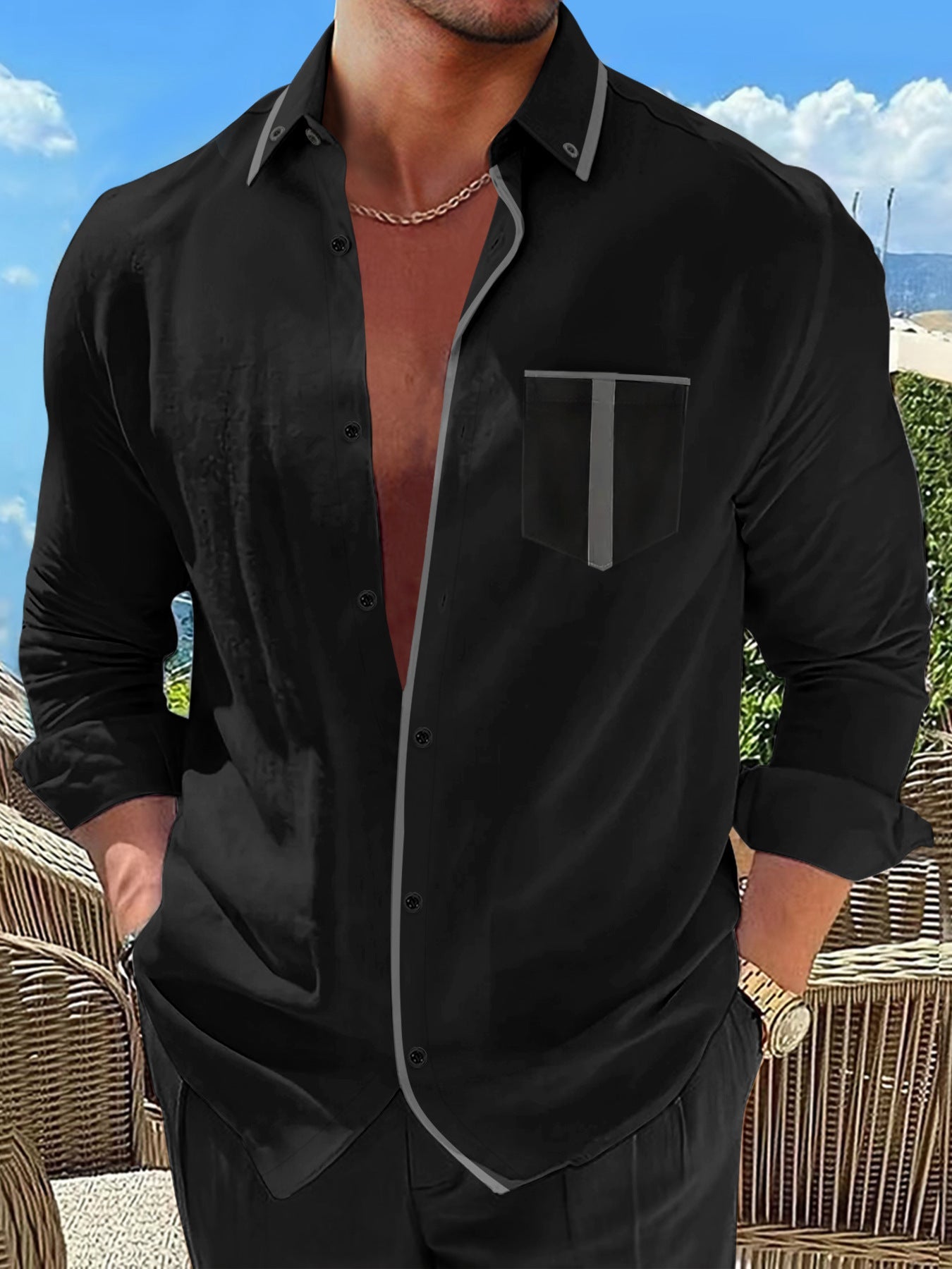 Herren Langarmhemd Modern Kontrast Details Slim Fit