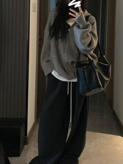 Damen Strickhoodie Großzügig Kapuze Reißverschluss Weich