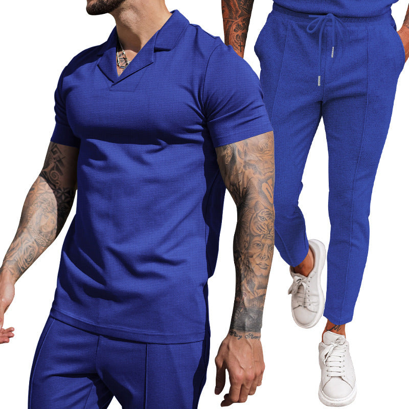 Herren Freizeit Set Kurzarm Polohemd schmale Hose Elegant