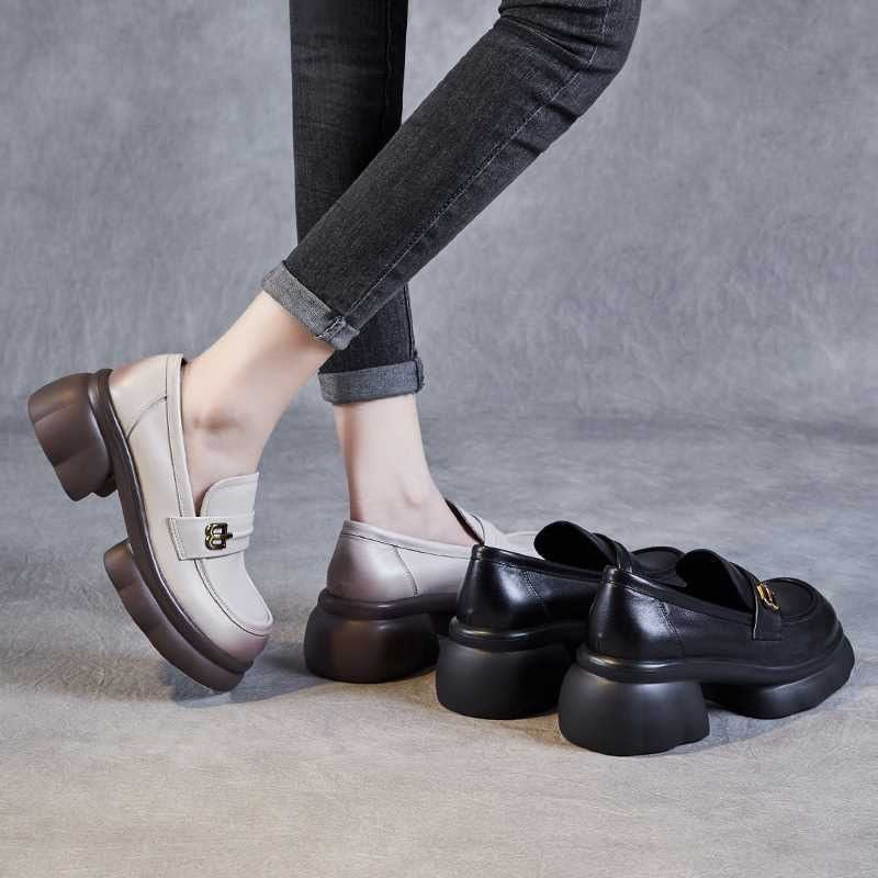 Damen Loafer Schuhe Plateau Schnalle Elegent Schwarz