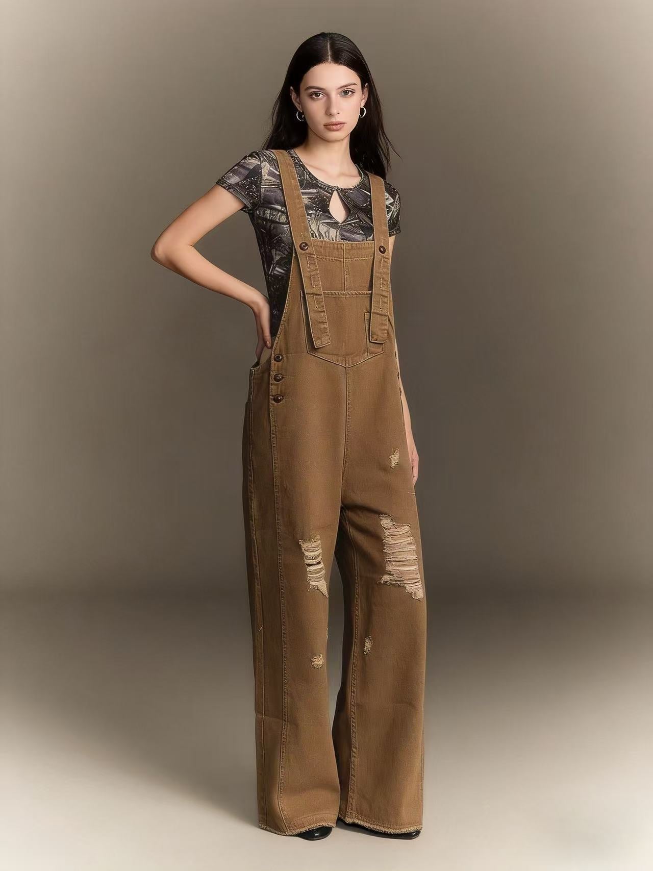 Damen Latzhose Jeans Weitbein Riss Effekt