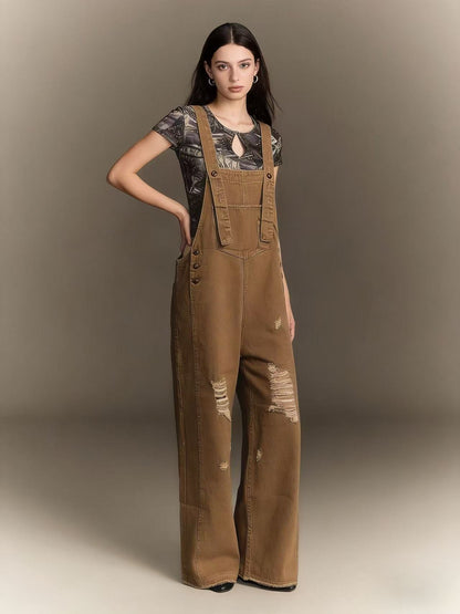 Damen Latzhose Jeans Weitbein Riss Effekt