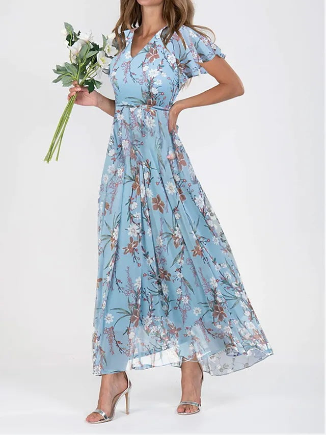 Damen Maxikleid Lang Florale Blumen Chiffon Kleid