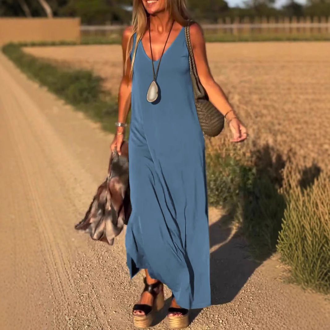 Damen Maxikleid Elegant V-Ausschnitt Hochwertig