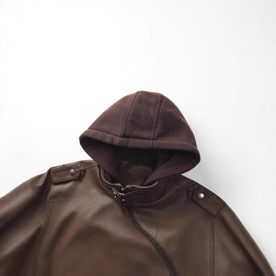 Herren Lederjacke Mit Kapuze Und Taschen