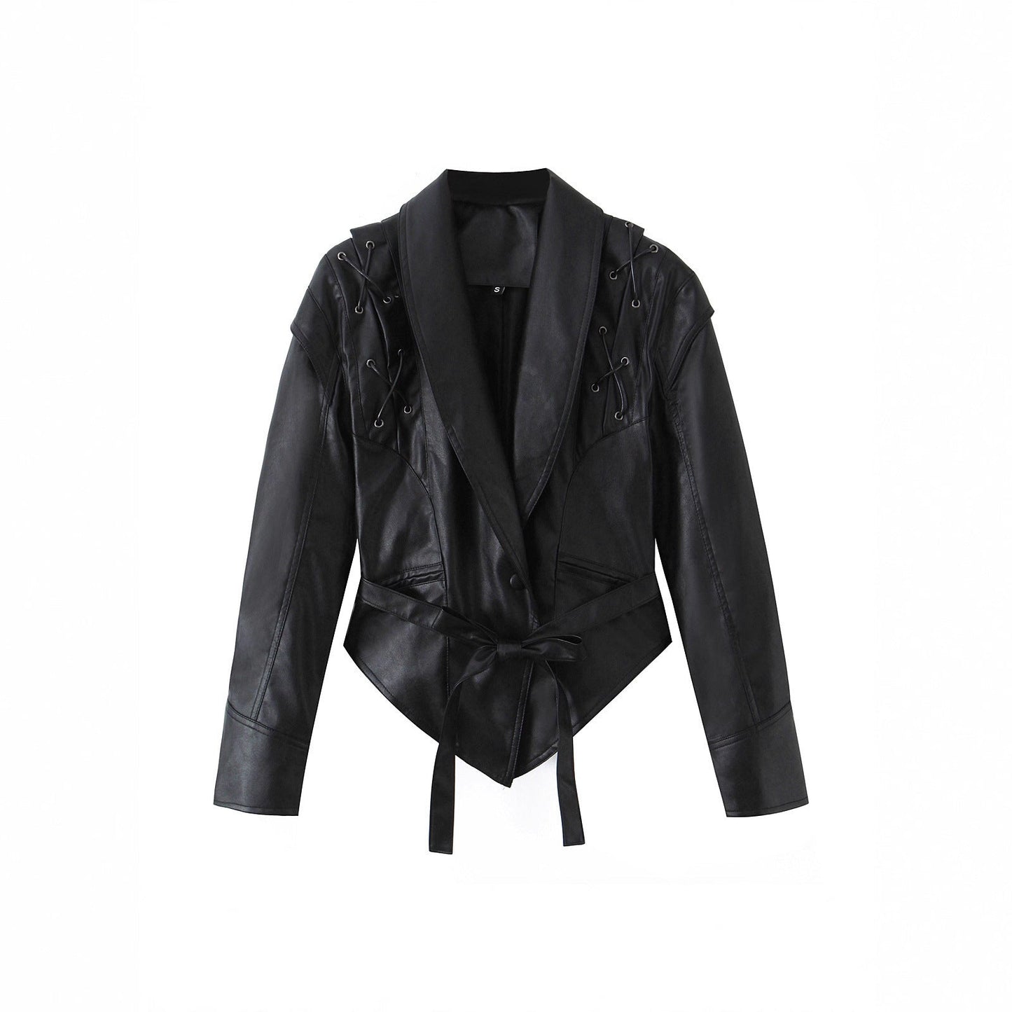 Damen Lederblazer Schnürung Modern Schwarz