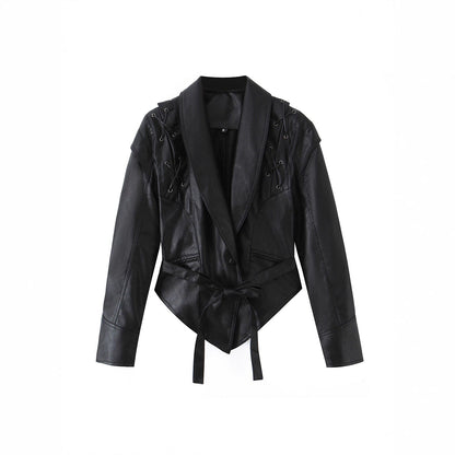 Damen Lederblazer Schnürung Modern Schwarz
