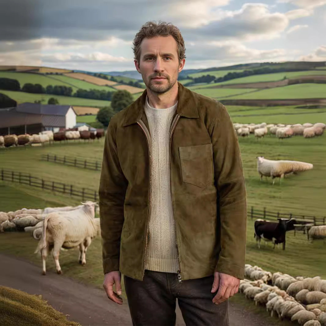 Herren Lederjacke Wildleder Stehkragen mit Taschen Casual
