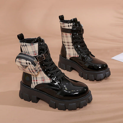 Damen Stiefel Schnürstiefel mit Seitentasche Blockabsatz