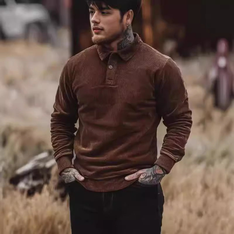Herren Polohemd Cord Klassisch Knöpfe Modern
