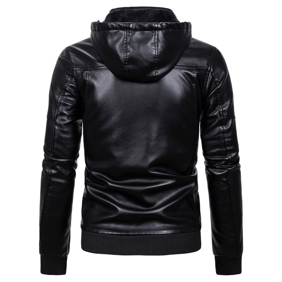 Herren Lederjacke Mit Kapuze Fleece Schwarz