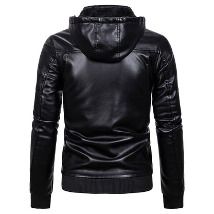 Herren Lederjacke Mit Kapuze Fleece Schwarz