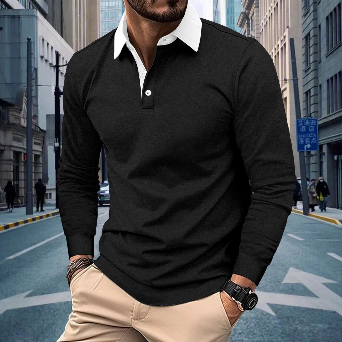 Herren Polohemd Langarm Modern Slim Fit Bequem