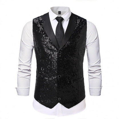 Herren Weste Glitter Pailletten Satin Schwarz