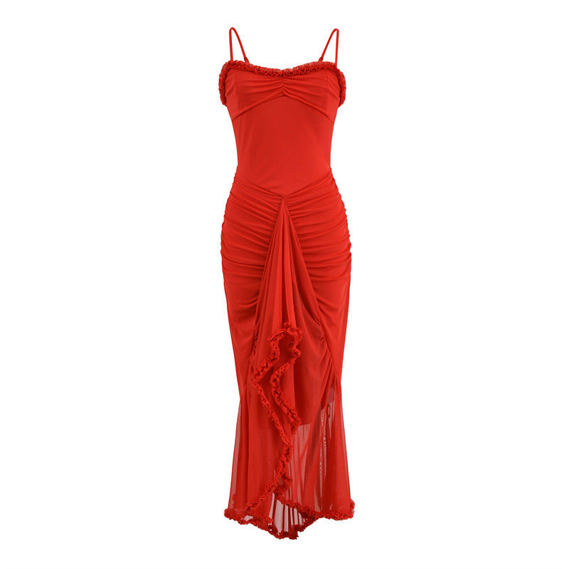 BerlinGlamour Trägerkleid: Asymmetrisches Netzkleid mit Schlitz
