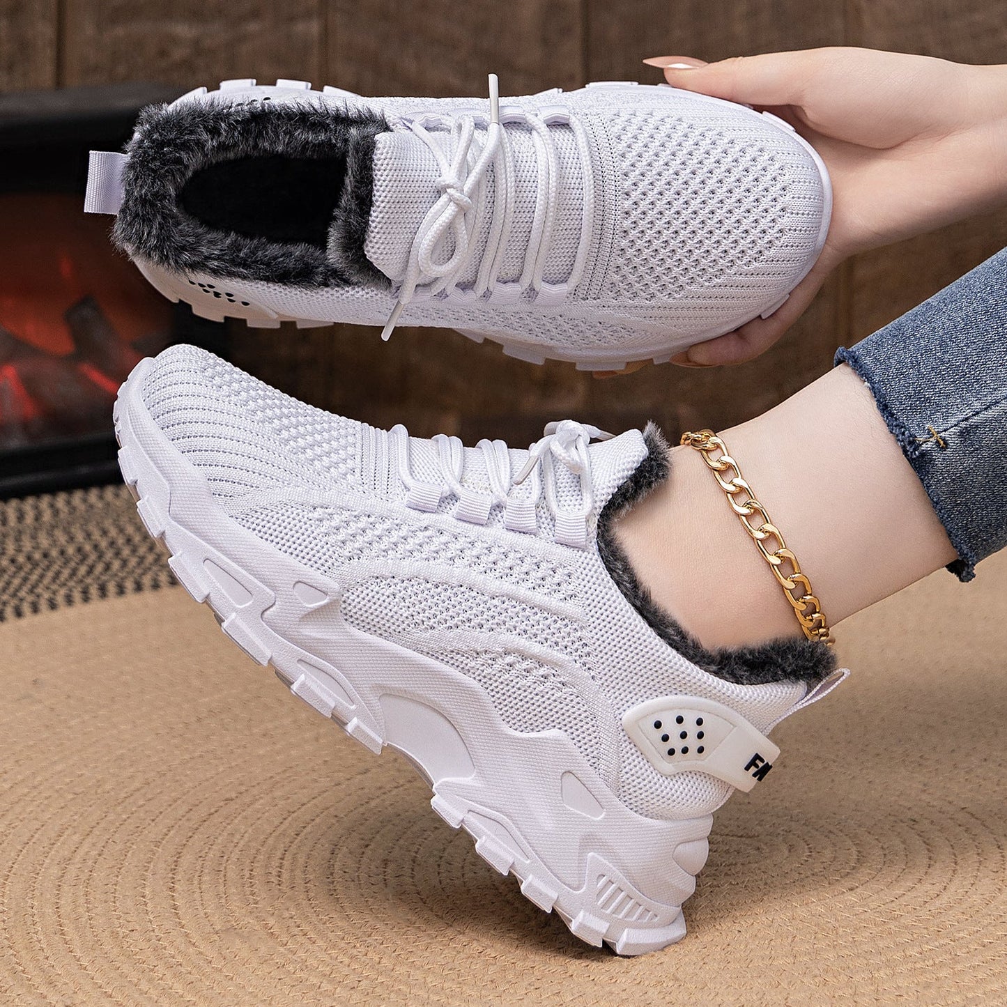 Damen Sneaker Warm Gefüttert Strick Optik Schwarz Winter