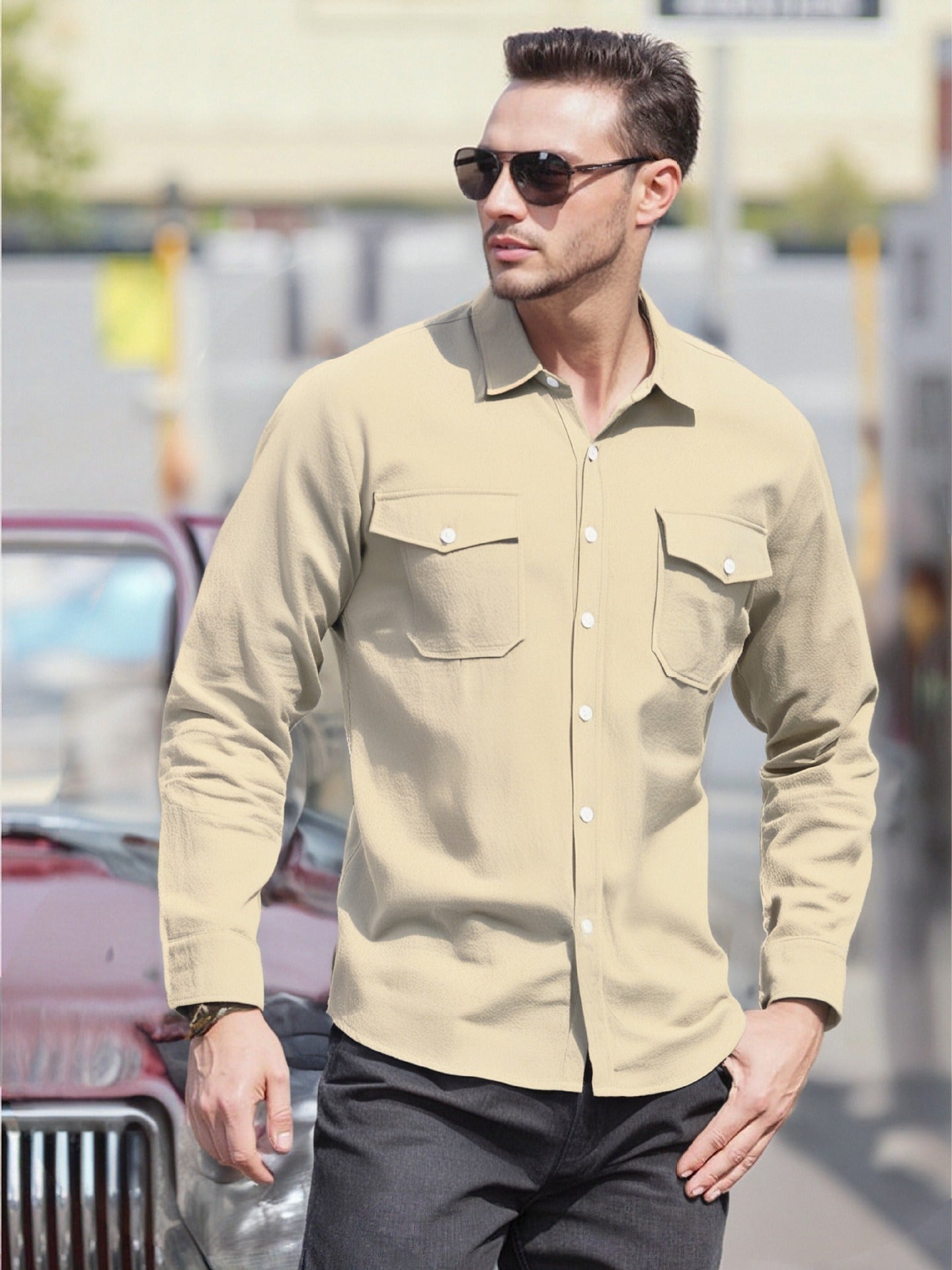 Herren Langarmhemd Modern mit Brusttaschen und Bequemem Schnitt