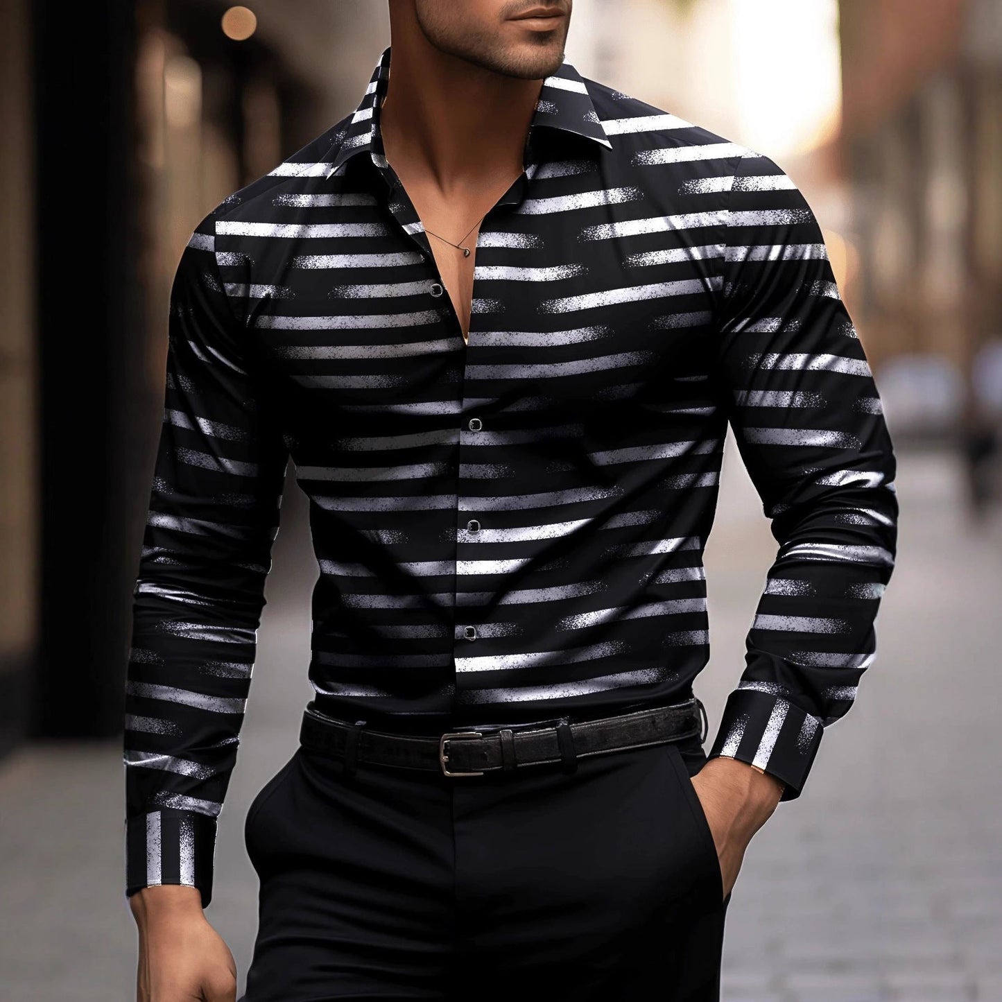 Herren Langarmhemd Modern Streifen Design Slim Fit