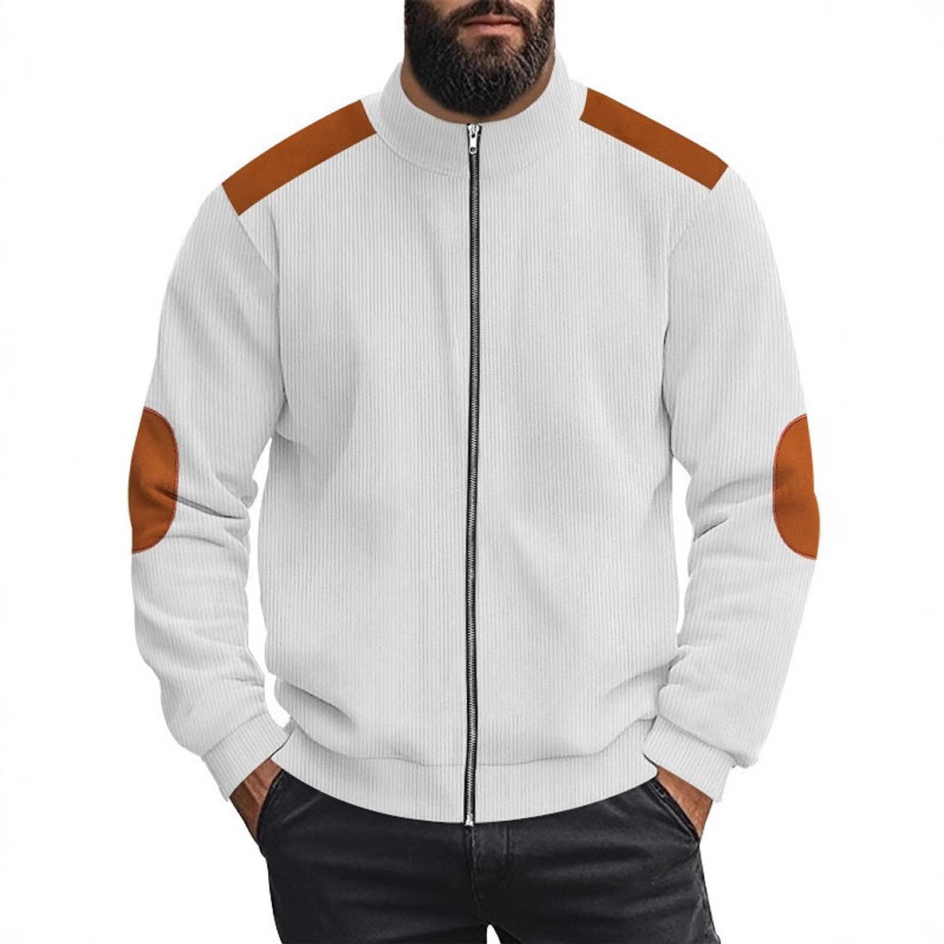 Herren Strickjacke Lederakzente Modern Kragen Hoch - BerlinGlamour