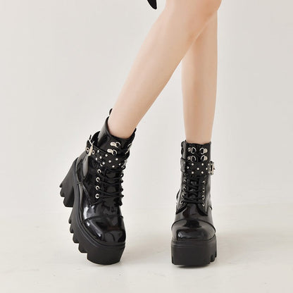 Damen Stiefeletten High-Top Plateau Schnalle Robust