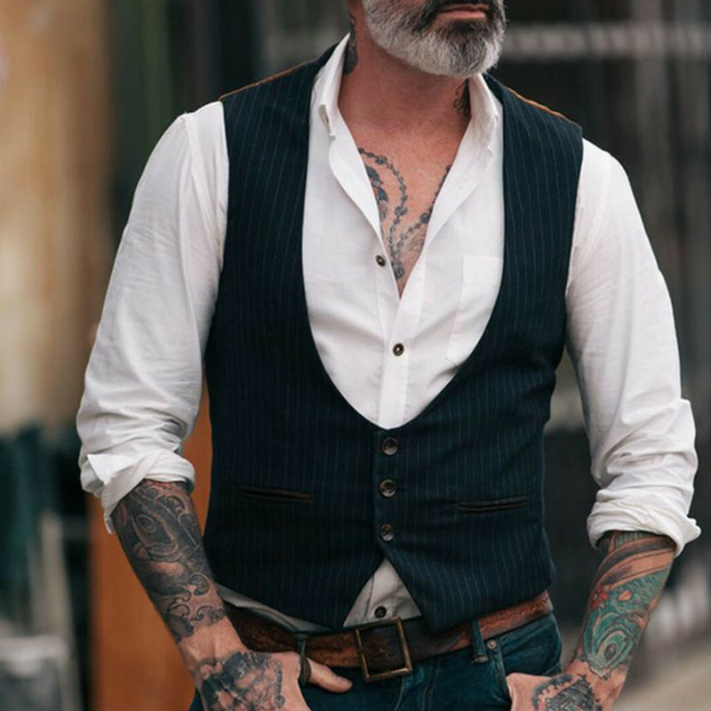 Herren Weste Vintage Leder mit Nadelstreifen und Knöpfen Elegant