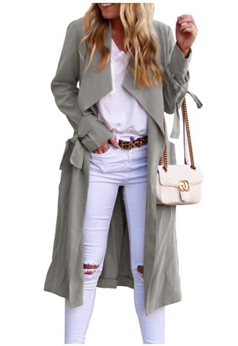 Damen Trenchcoat Lang Fließend mit Gürtel und Revers