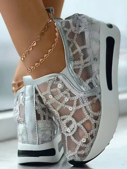 Damen Sneaker Netzdesign Glitzer Schuhe Modisch
