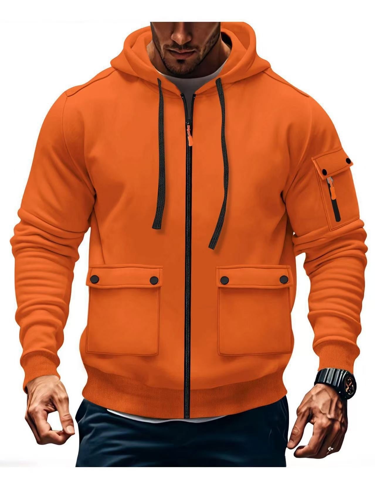 Modische Herren Kapuzenjacke Reißverschluss Taschen Schwarz
