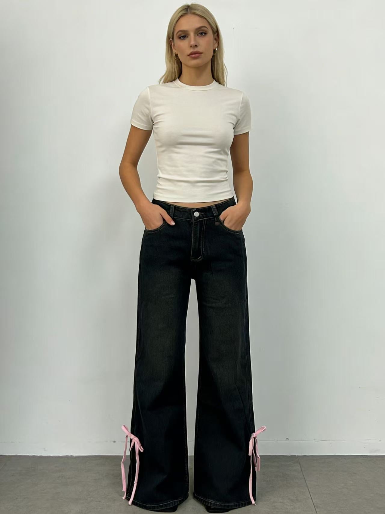 Damen Jeans Weite Bein Schnürung Dekorativ