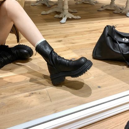 Damen Stiefel Breite Sohle Elegant Falten Design