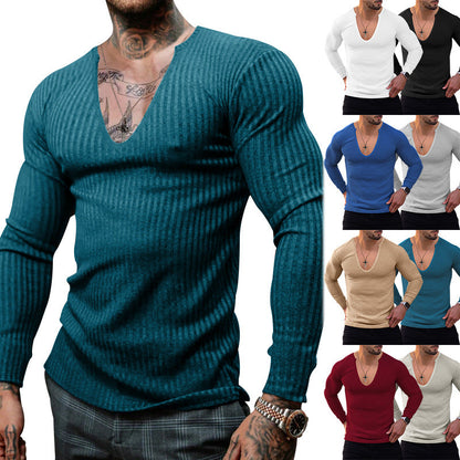 Herren Langarm-Shirt V-Ausschnitt Strukturiert Modern Trendy - BerlinGlamour