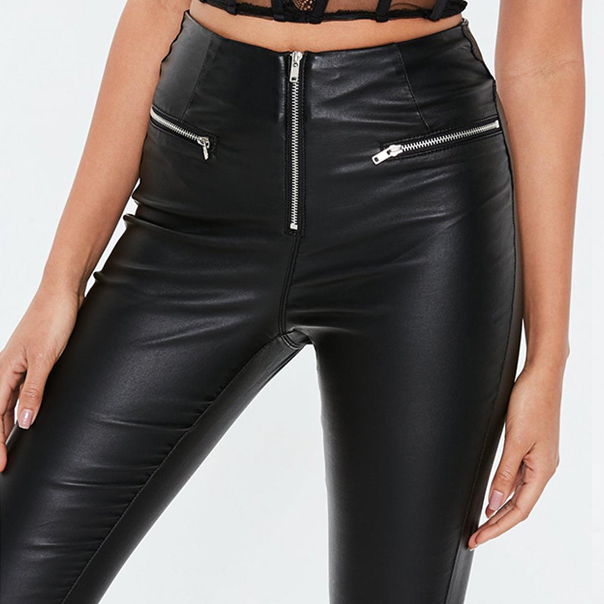 Damen Leggings Lederoptik Stretch mit Reißverschluss