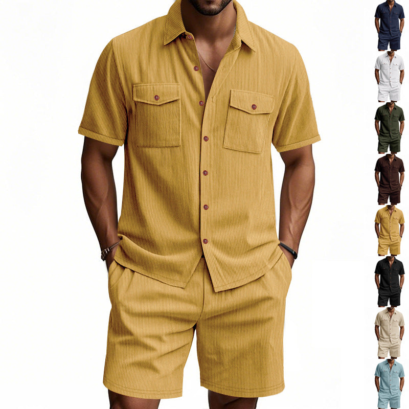 Herren Shorts-Set mit Hemd, Strukturiertes Freizeit-Outfit Sommer
