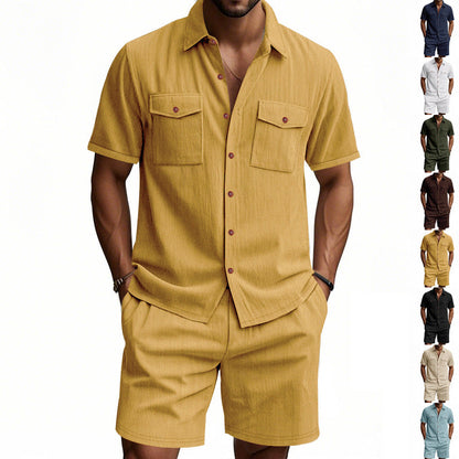 Herren Shorts-Set mit Hemd, Strukturiertes Freizeit-Outfit Sommer