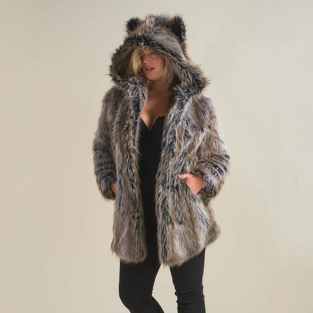 Damen Faux-Fur-Mantel mit Kapuze Warm und Ohrenschützer