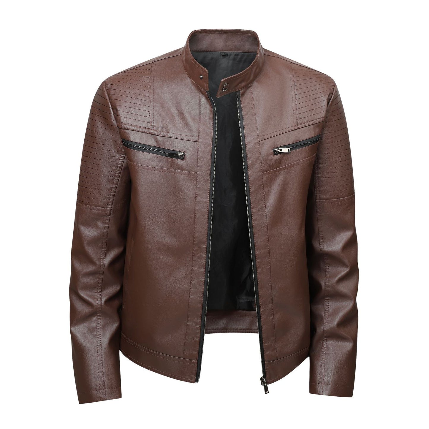 Herren Lederjacke Bikerstil mit Steppdetails und Reißverschlusstaschen