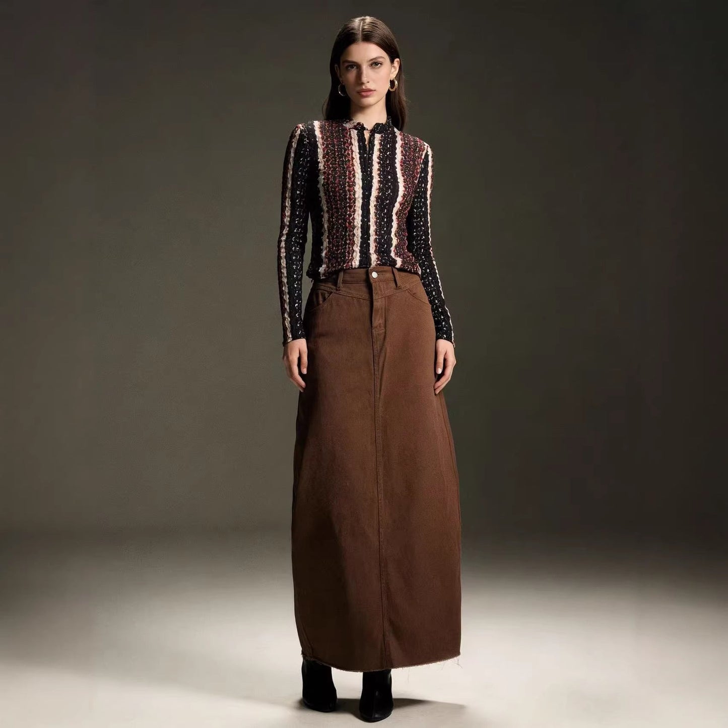 Damen Maxi-Rock Jeans Hochwerder mit Fransen