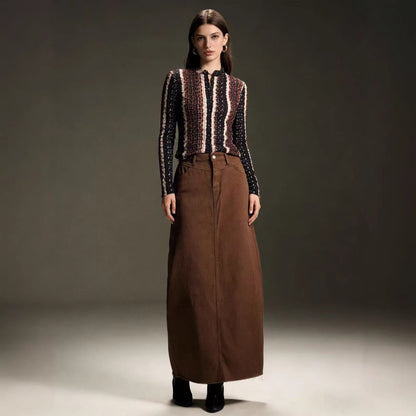 Damen Maxi-Rock Jeans Hochwerder mit Fransen