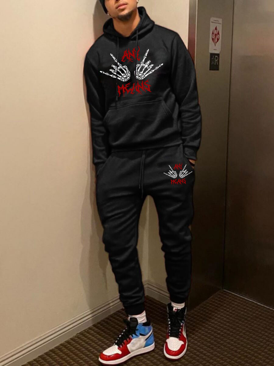 Herren Hoodie Set mit Skelett Motiv Jogginghose Grau