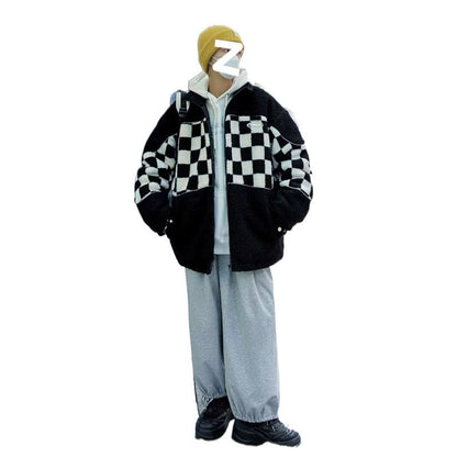 Unisex Fleecejacke Kariert Reißverschluss Taschen Warm