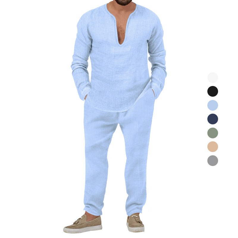 Herren Leinenanzug Set Elegantes Loungewear Stehkragen Modern
