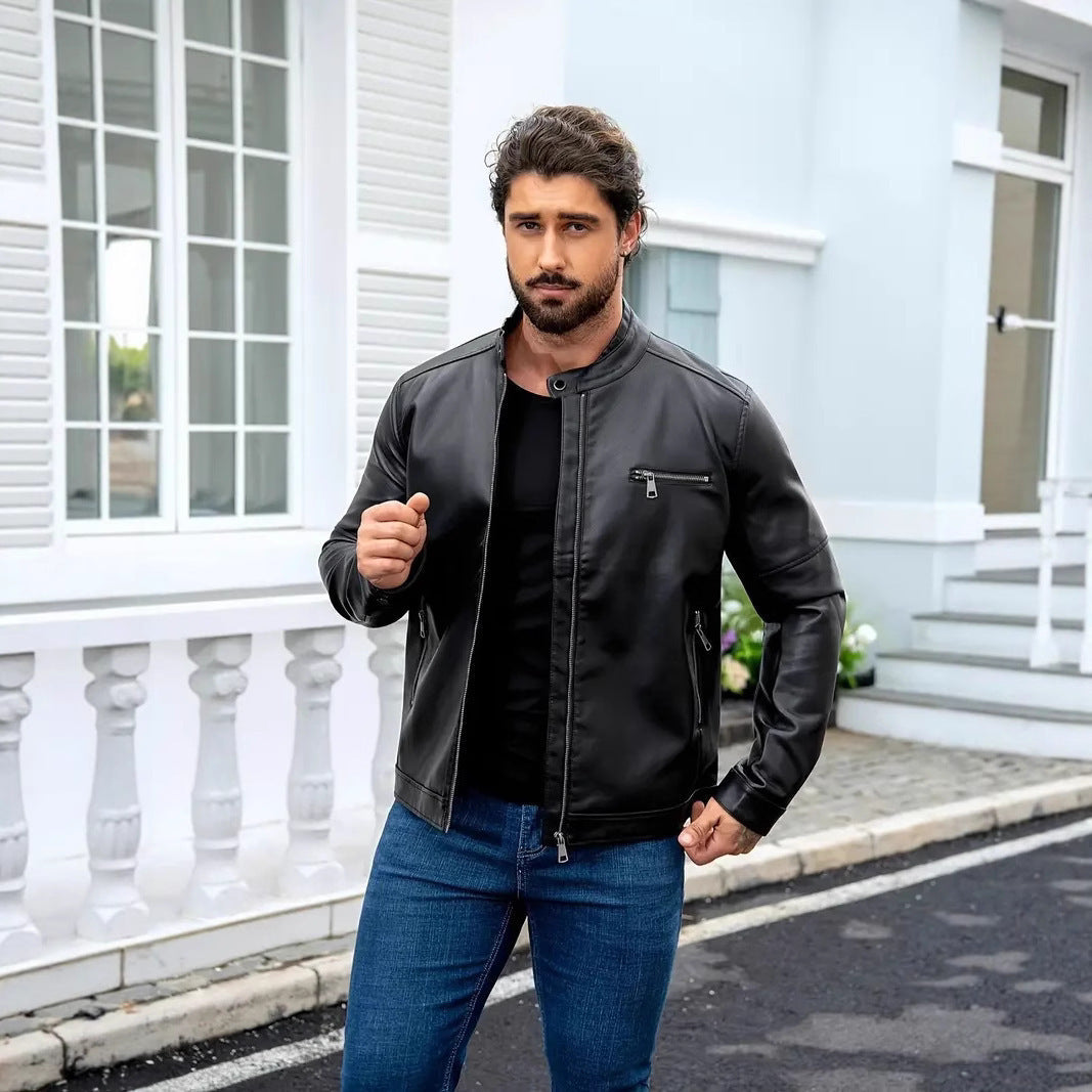 Herren Lederjacke Modern Reißverschluss Schwarz