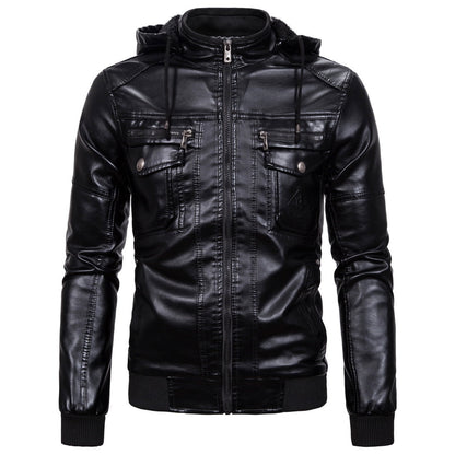 Herren Lederjacke Mit Kapuze Fleece Schwarz