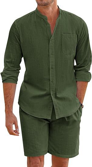 Herren Leinenanzug Kurzarm Hemd Shorts Sommer