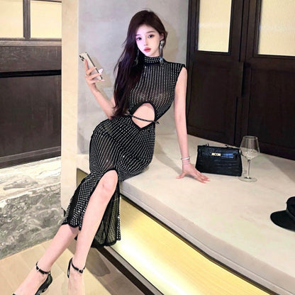 Sexy Bodycon Kleid Durchsichtig Strass Spitze Kurz