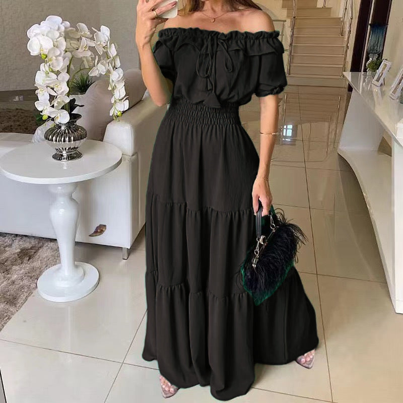 Damen Maxikleid Schulterfrei Rüschenkleid Sommer