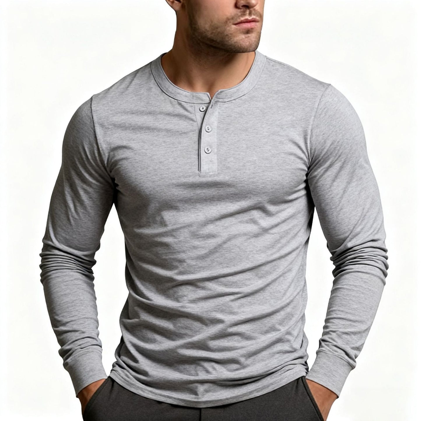 Herren Langarmshirt Klassisch Slim Fit Knopfleiste