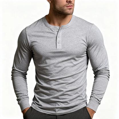 Herren Langarmshirt Klassisch Slim Fit Knopfleiste